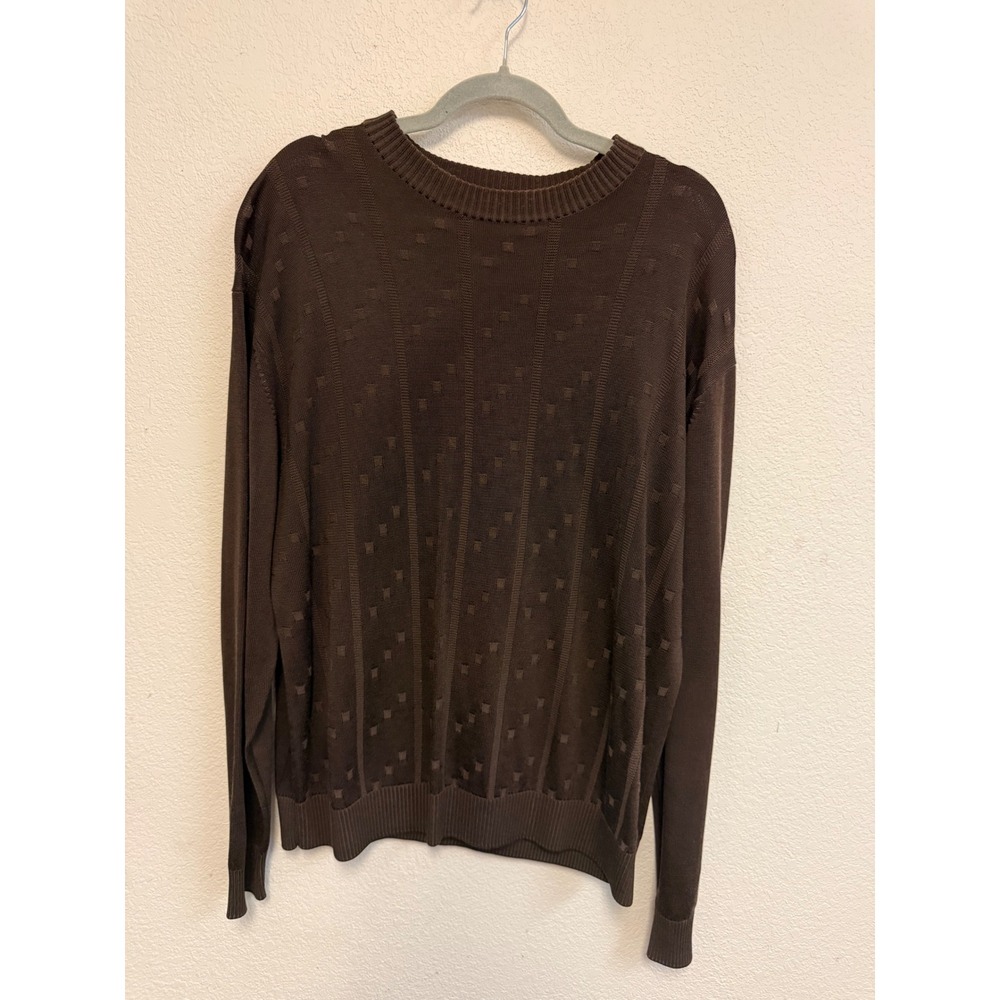Tulliano Men's Large Brown Geometric Textured Crew Neck Pullover Sweater
